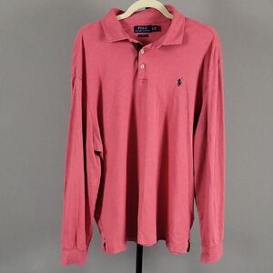 Polo Ralph Lauren Men's Light Red Long Sleeve Polo Shirt w/ Navy Logo, 2017, XL